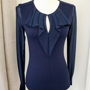 Navy Blouse with Sheer Sleeves and Ruffles